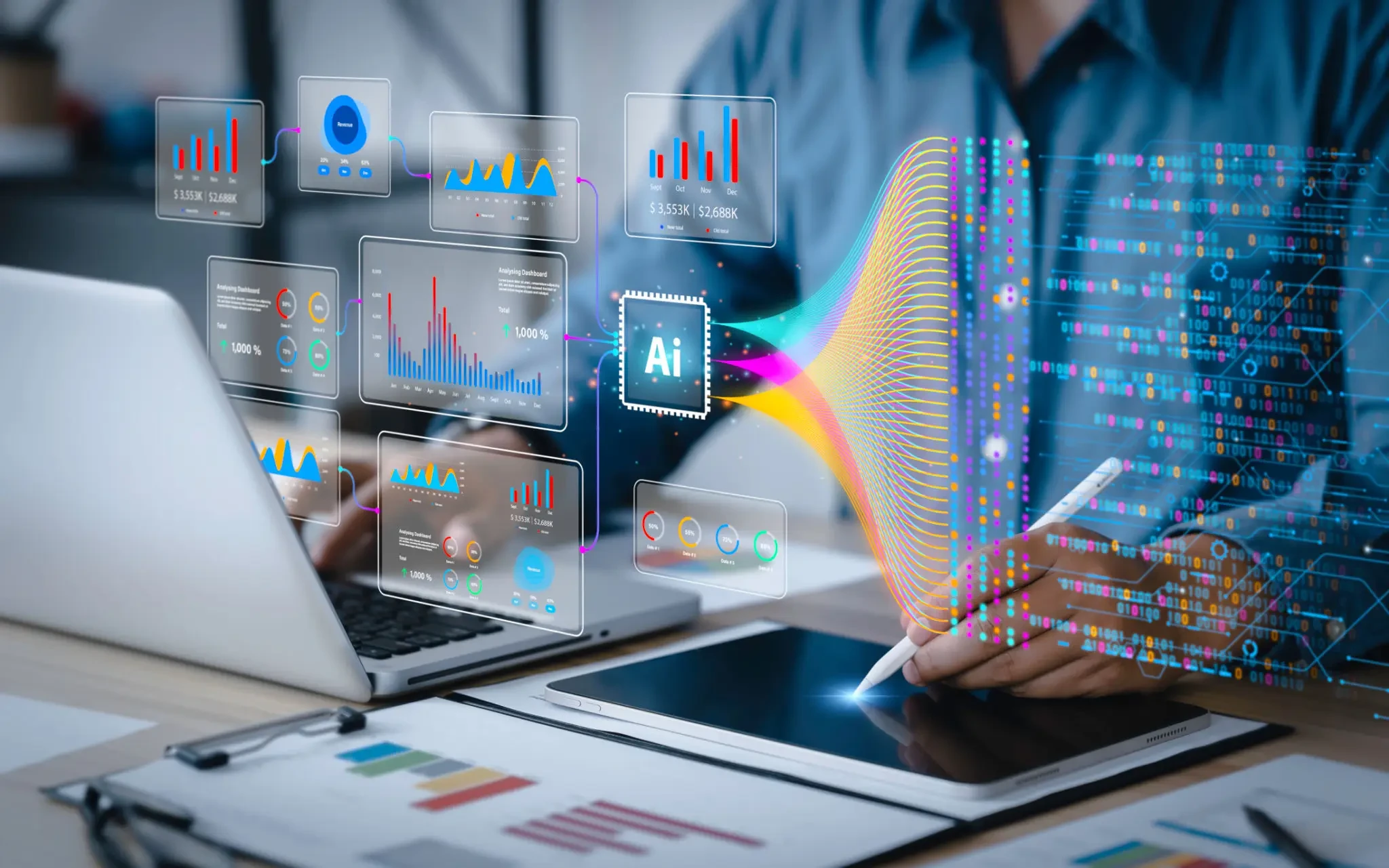 AI analytics dashboards with colorful data visualizations