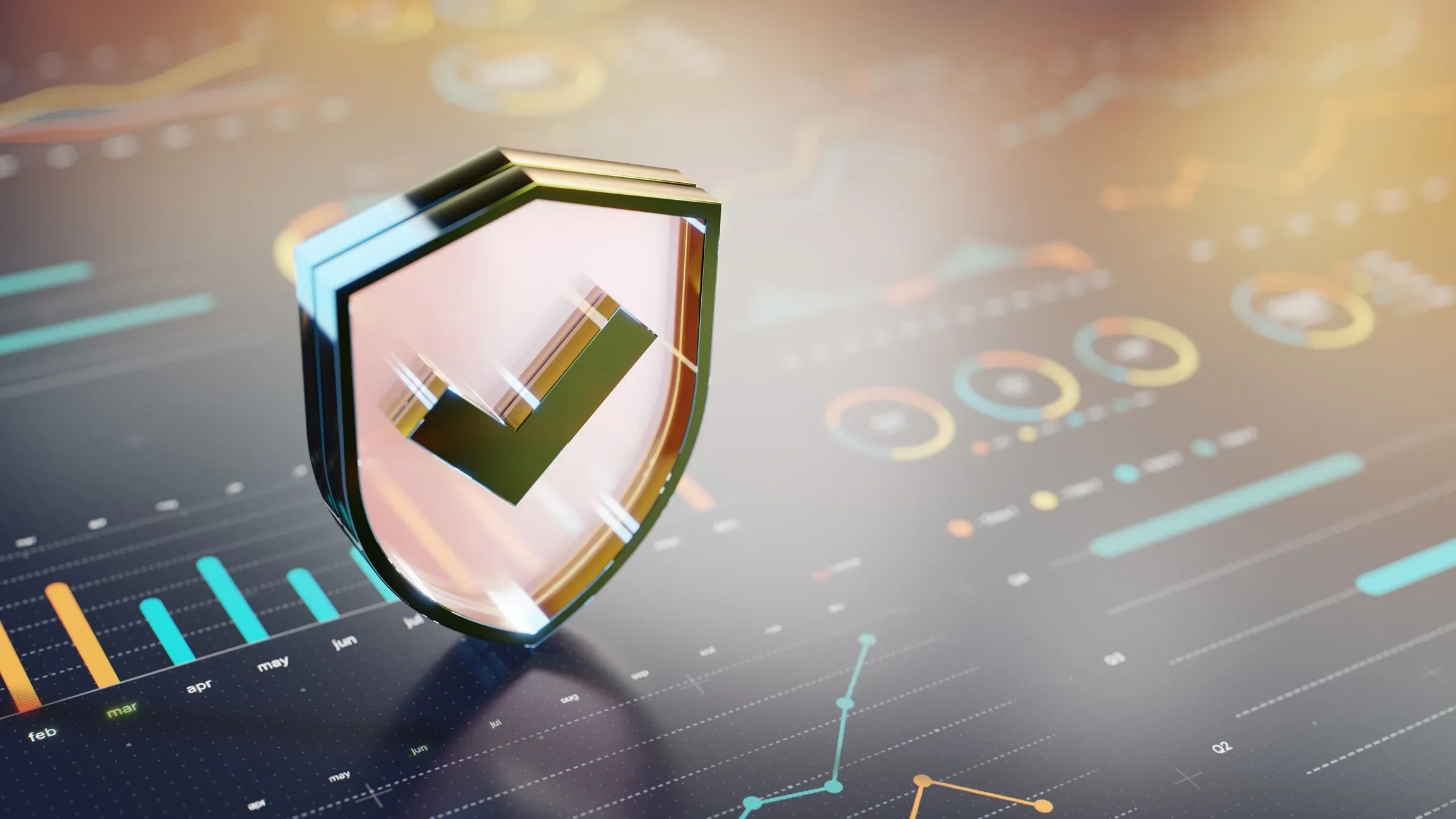 Gold security shield with checkmark representing IT risk management