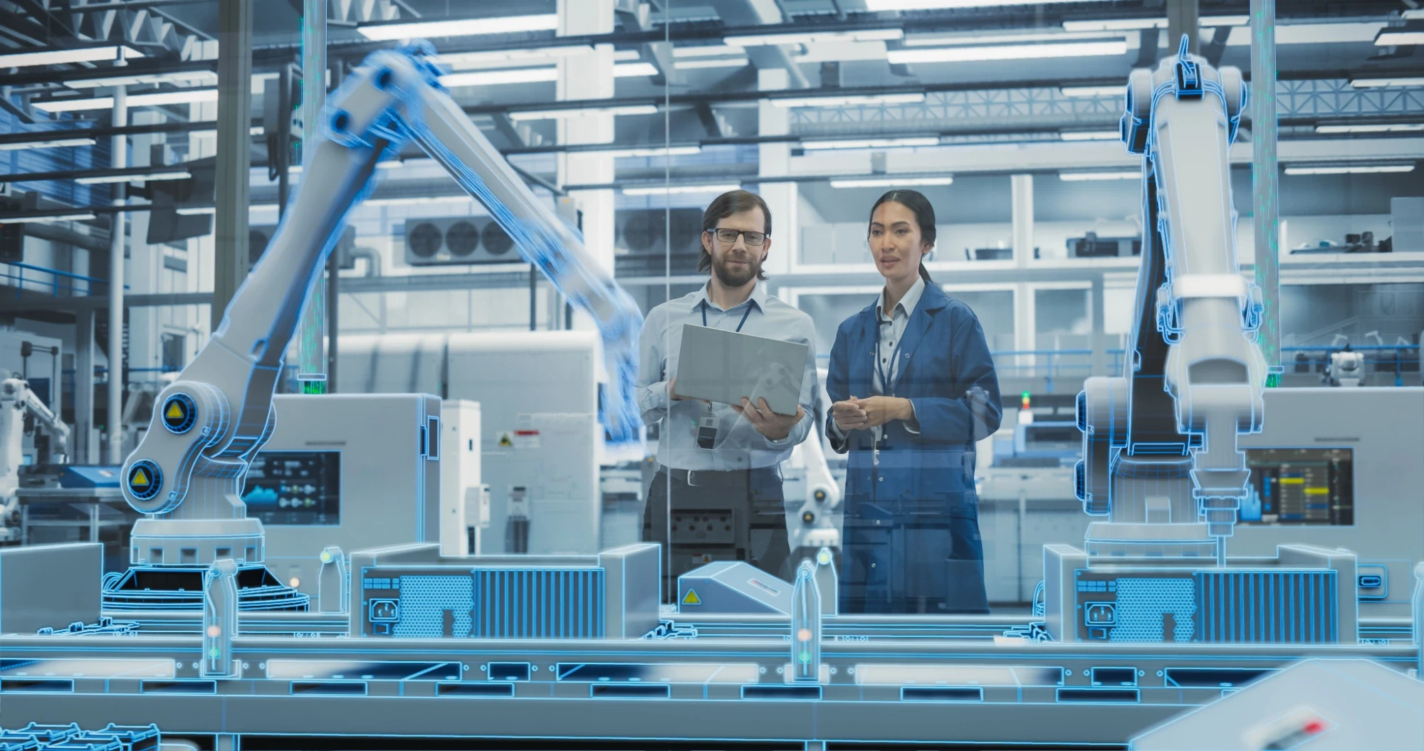 Two engineers on a modern manufacturing floor