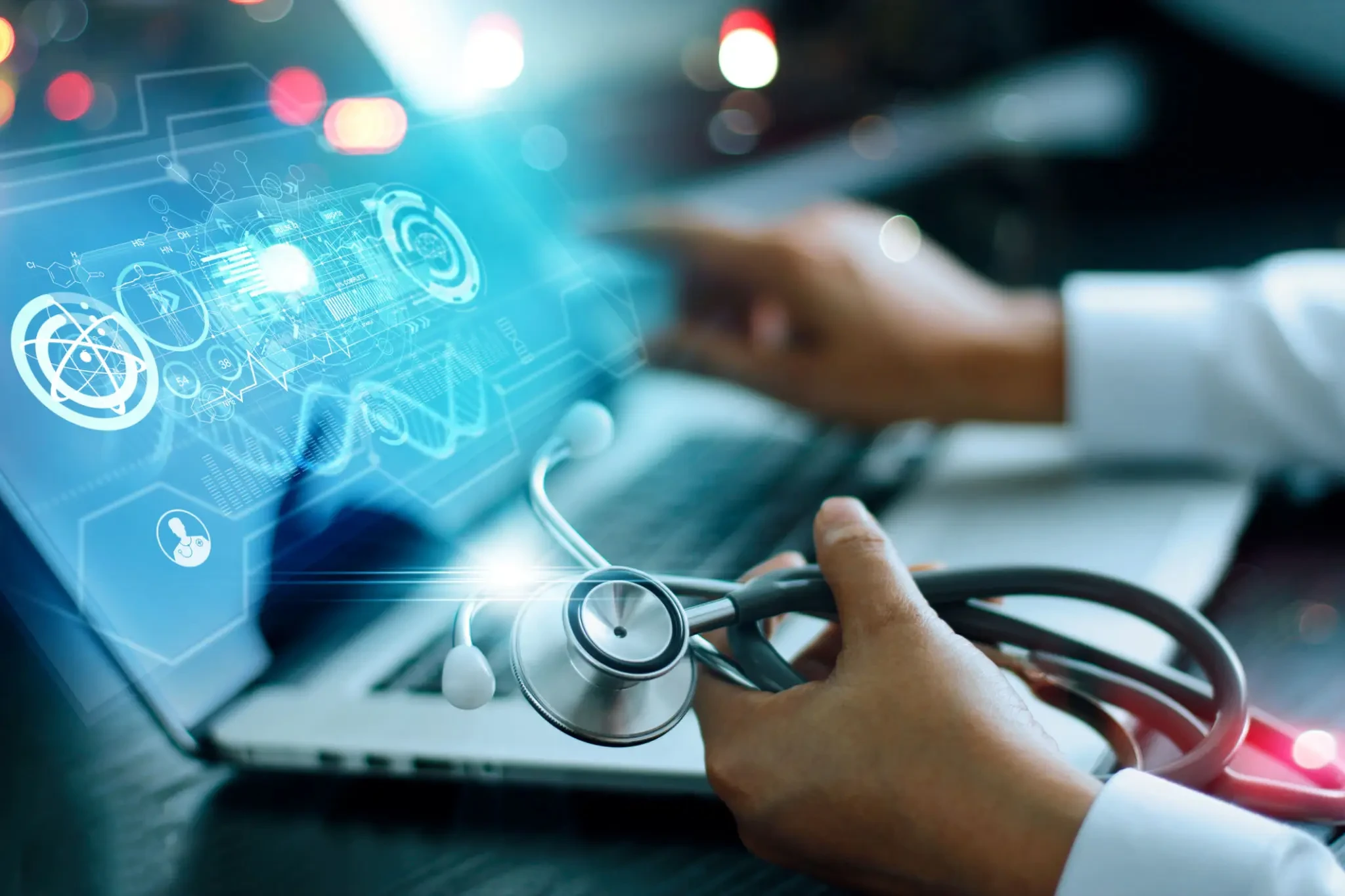 Doctor with holographic cyan medical interface